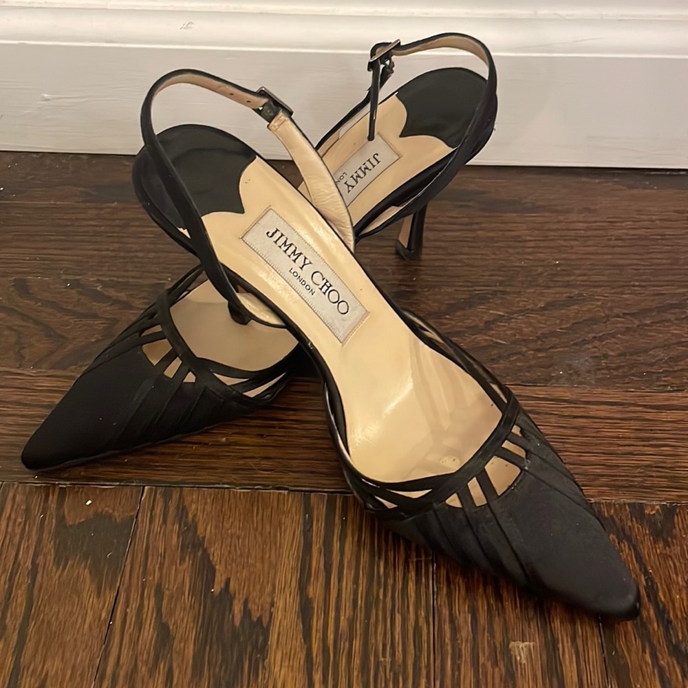 Black satin Jimmy Choo slingback heels